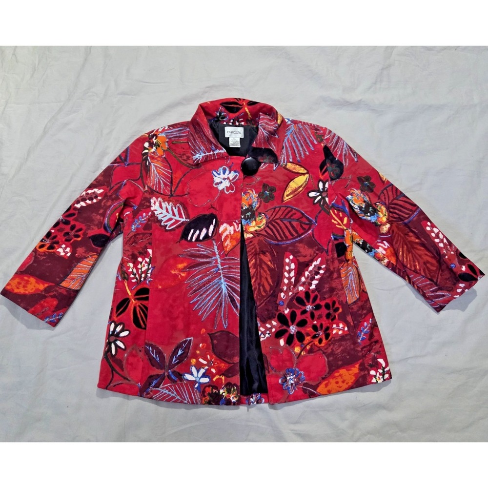 VTG Chicos Artsy Floral Blazer Cropped Jacket Red Graphic Cape Shawl Size 0